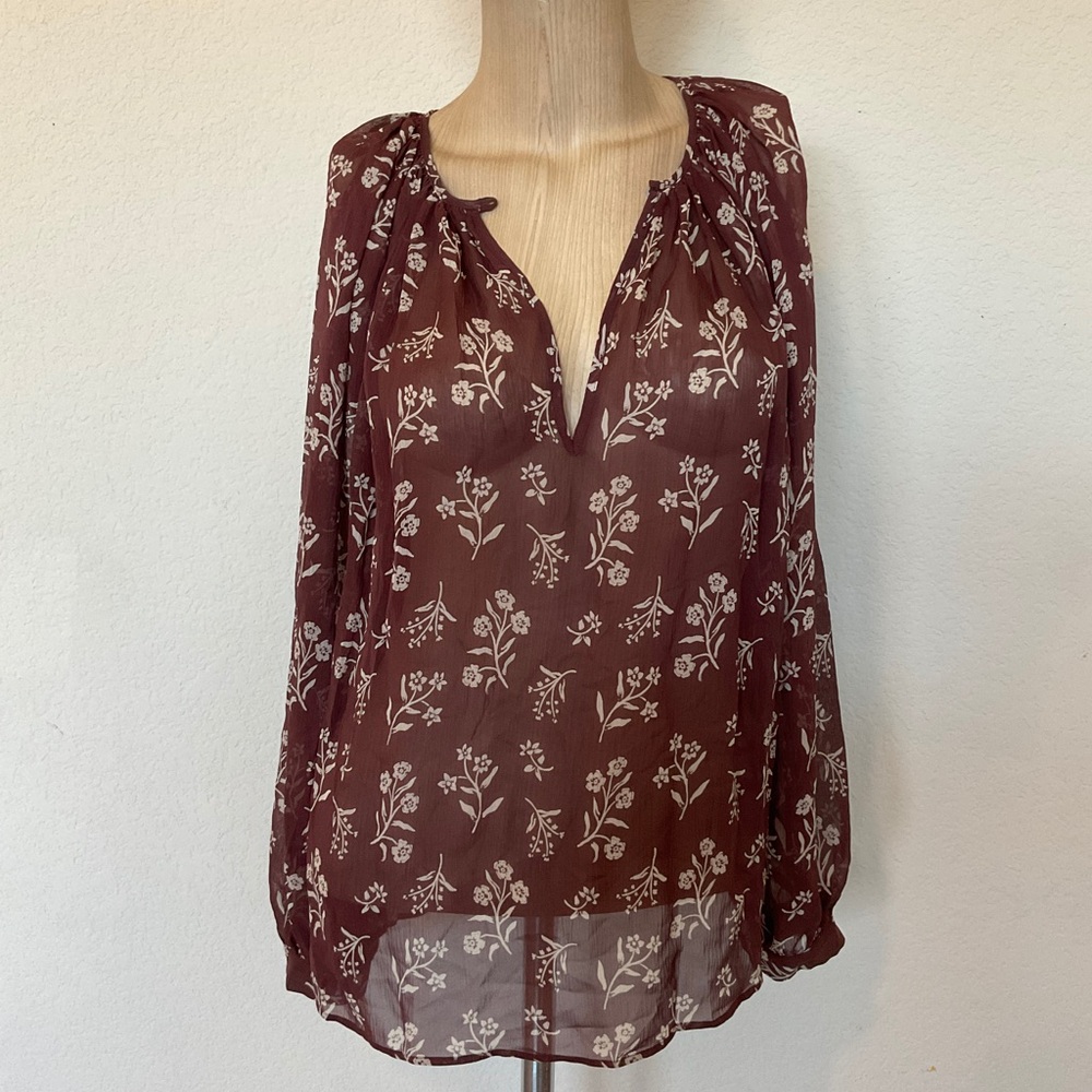 Nili Lotan LIKE NEW Silk Floral Keyhole Blouse Long Sleeve Burgundy Brown Ivory